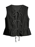 BEAUDRM Women's Bow Tie Front Denim Vest Jacket Ruffle Hem Jean Vest Sleeveless Peplum Tank Tops Streetwear Black Large