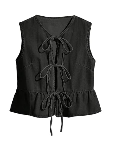 SHENHE Women's Tie Front Denim Vest – Ruffle Hem Sleeveless Jean Top Shirt