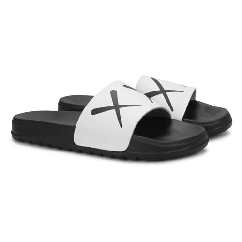 Image of PERY-PAO Sliders Mens White, Sky Blue Stylish Printed Flip Flop & Slippers