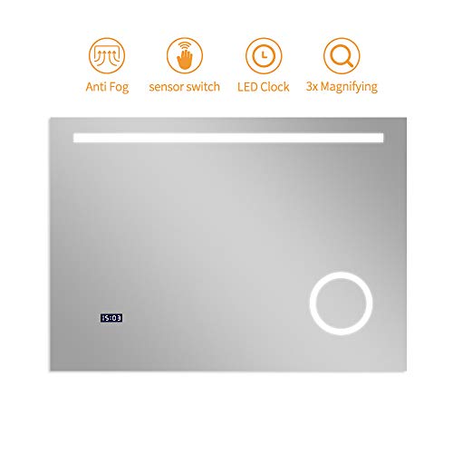 Gatesea 1000x700mm LED Lighted Bathroom Mirror Wall Mounted Anti-fog + Clock + 3X