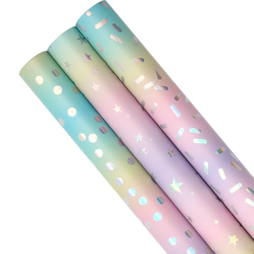 3 Rollen Geschenkpapier zum Geburtstag 43 cm x 3 m mehrfarbig recycelbar mit Punkt- und Sternenmuster ideal für Geburtstage Weihnachten Hochzeiten und Partys