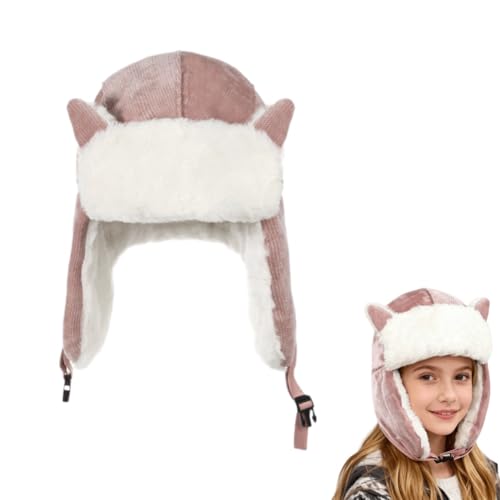 Girl Kids Trapper Hat Winter Earflap Hat Fleece Ushanka Caps with Cat Ears Cute Fur Cap for 8-14 Ski Cap Pink