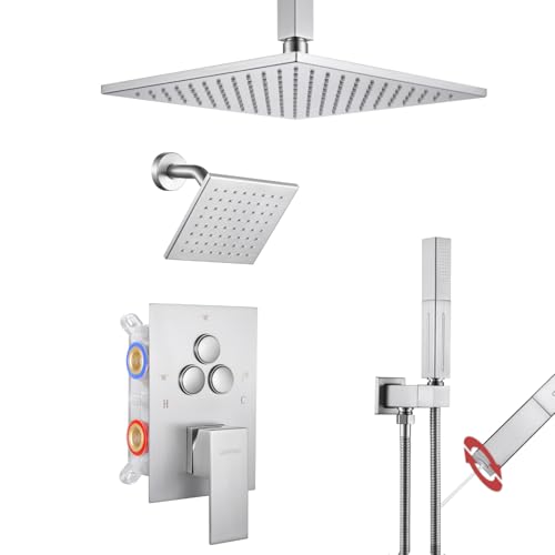 VANFOXLE Shower Faucet Set Brushed Nickel Shower System,Push Button Diverter Shower Faucet with 2 in 1 Handheld,Ceiling Mount Increased Thickness 10 Inch Shower Head with 6 Inch Wall Mount Shower Head