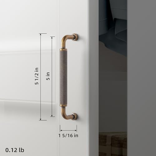 Image of Goo-Ki 6 Pack 5 Inch Antique Brass Knurled Cabinet Pull Handle - Textured Non-Slip Grip, Classic Vintage Design for Kitchen Cabinets & Furniture Drawers