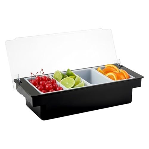 Chabrias Ltd Commercial-Grade 4 Compartment Condiment Dispenser with Clear Lid & Integrated Handles - Garnish Station for Pizza Toppings, Cocktail Ingredients, Salad Bars, BBQ Prep & Entertaining (4)