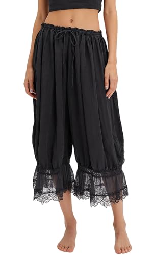 Image of NUFIWI Women Ruffle Long Bloomer Y2k Lace Trim Pettipants Pantaloons Mid Rise Cropped Pajama Pants Under Dress Slips