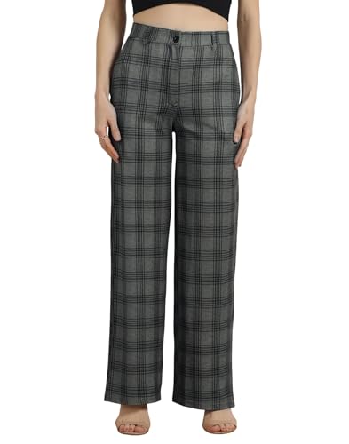 Image of Selvia Women's Straight Leg Printed Checks Pants with Pockets Comfort Fit Trousers