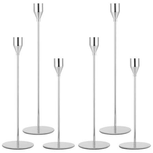 Set of 6 Silver Taper Candle Holders - Modern Candlestick Set in 3 Heights | Rustproof with Wide Base & Velvet Pads | Perfect for Table Centerpiece Decor