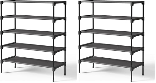 Image of Kitsure Shoe Rack - Non-Woven Shoe Rack Shelf, Shoe Organizer for Closet, Entryway, Garage & Corridor, Stackable Shoe Shelves, 27.5 inch Wide - 5 Tier, Black (Pack of 2)