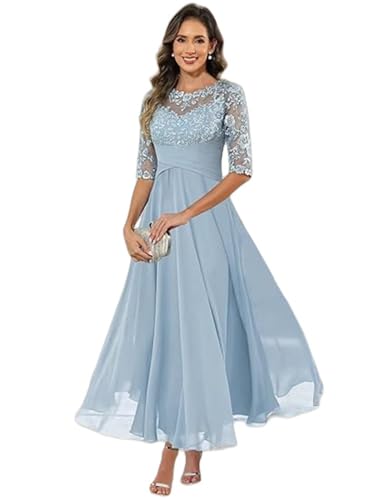 Tea Length Mother of The Bride Dresses for Women 1/2 Sleeve Lace Applique Ruched Formal Wedding Guest Dress