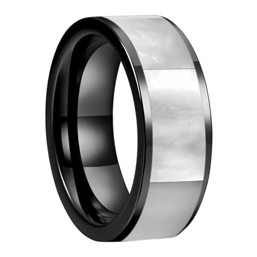 8 mm White Mother of Pearl Shell Inlay Plane Polished Black Tungsten Ring for Men Women Engagement Wedding Band