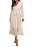 BTFBM Women's Casual Party Summer Fall Dresses 2023 Long Sleeve Wrap V Neck Swiss Dot Swing A-Line Maxi Dress with Belt(Swiss Dot Light Apricot, Medium)