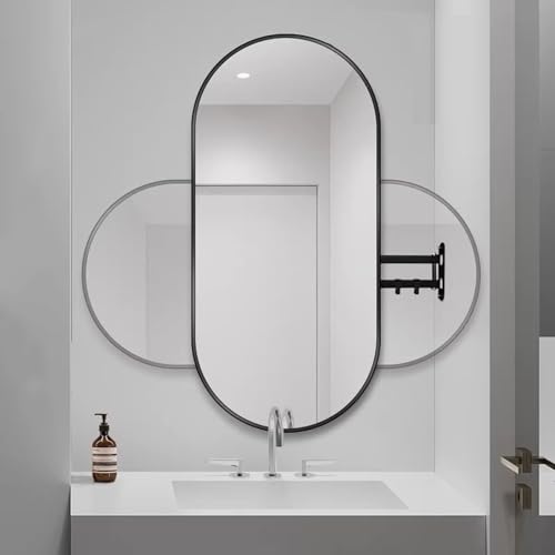 Espejo de pared ovalado de esquina con metal, diseño que ahorra espacio para el hogar, oficina, hotel, hospitales, color negro, 50 x 90 cm