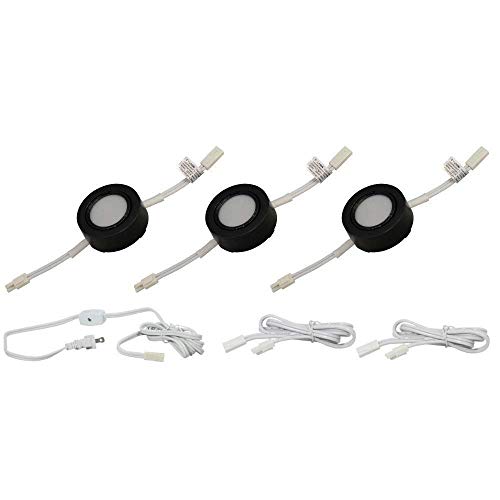 Image of 3 LED Puck Light Kit - Black Cover with Warm White Light (3,000k) - Under Cabinet and Furniture - 120v /110v - Dimmable - Line-Voltage (No Transformer Needed) (Warm White Light /Black Cover 3 Pack)