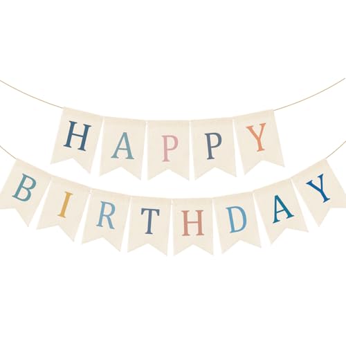 Image of Doumeny Happy Birthday Burlap Banner Boho Birthday Bunting Garland Blue Pink Bohemian Party Sign Flag Colorful Happy Birthday Bunting Banner Rustic Birthdays Garland Flag for Wall Home Porch Door