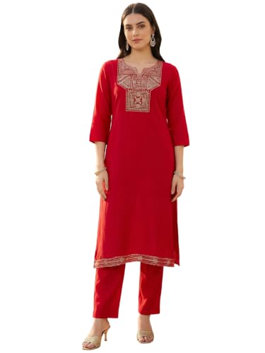 Image of INDO ERA Women's Silk Blend Embroidered Zari Work Straight Kurta & Pant Set | Cord Set For Women