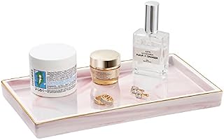 Shinowa Ceramic Vanity Tray, Bathroom Counter Tray Marble Finish Perfume Tray Rectangle Decorative Tray for Vanity Dresser Bathroom Countertop Living Room Kitchen, Large Size - Marble White