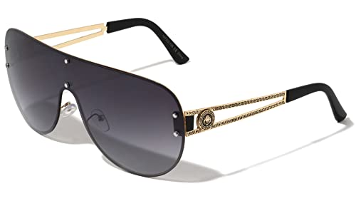 Kleo Grand - Rimless Studded Flat Top Side Coin Lion Head Medallion Rounded Shield Hip Hop Sunglasses