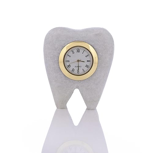 Image of SAUDEEP INDIA Tooth Shape Dentist Desk Marbel Table Clock for Decor and Paper Weight, Ideal Gift for Dentists and Doctors (Clock with Pen Stand)