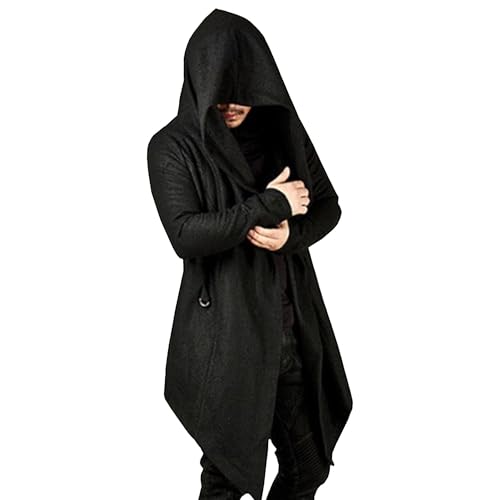 Men's Long Hooded Cardigan Ruffle Asymmetric Hem Open Front Cardigans Shawl Collar Gothic Cloak with Drape