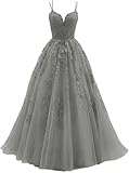 Kncpti Women's V Neck Prom Dresses Sexy Long Lace Appliques Spaghetti Straps Tulle Long Formal Party Evening Gowns Sliver 12