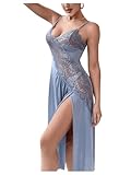 SOLY HUX Women's Floral Lace Split Deep V Neck Chemise Nightgown Sleeveless Long Slip Night Dress Sleepwear Blue M