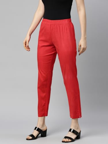 Image of MINELLI Women Solid Cigar Pants, Cotton Lycra Slub Fabric, Elasticated Waistband, Pull On Style, Regular Fit Bottom Wear for Western and Ethnic Wear