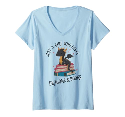 Femme Livres de lecture Fantasy Dragon Bookworm Girl T-Shirt avec Col en V