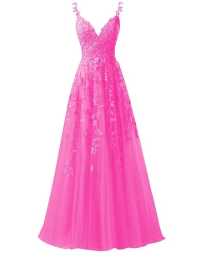 Kncpti Women's Spaghetti Straps Sexy V Neck Tulle Ball Gown Lace Applique Long Prom Evening Party Dresses A Line Fuchsia 14