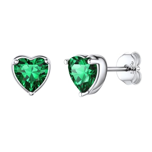 Mothers Day Gift 925 Sterling Silver May Birthstone Earrings Women Hypoallergenic Earrings for Sensitive Ears Dainty Tiny Green Emerald Crytal Love Heart Stud Earrings