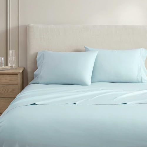 Image of Martha Stewart - Full Size Sheets Set, Crisp & Tailored Cooling Sheets w /a Naturally Smooth Cotton Percale Lightweight Feel - Bed Sheets with Matching Pillowcases & Fitted Sheet (Skylands Solid Blue)