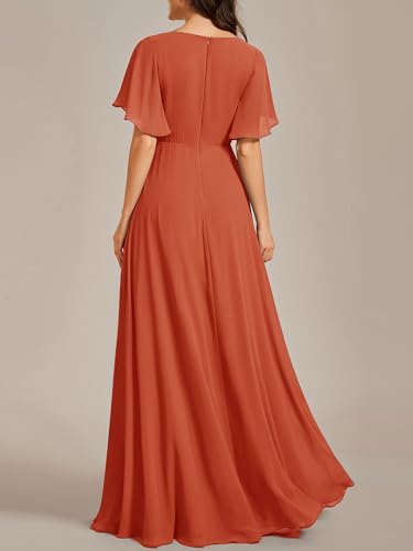 Image of Ever-Pretty Women's Spring Short Sleeve Bridesmaid Dresses V-Neck Chiffon Ruched Empire Waist Appliques Long Formal Dress