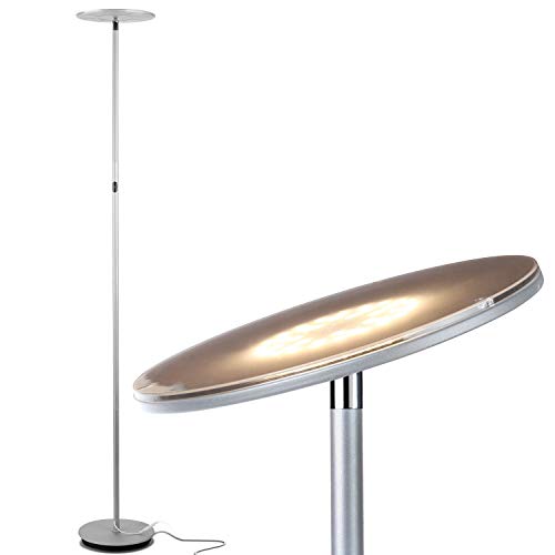 Brightech Sky LED Floor lamp, Torchiere Super Bright Floor Lamp for Living Rooms & Offices - Dimmable, Tall Standing Lamp for Bedroom Reading - Platinum Silver