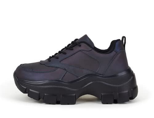 Niluber Women's Chunky Platform Sneakers Hologram Black White Silver Lace-Up Casual Fashion Walking Sport Rave Shoes