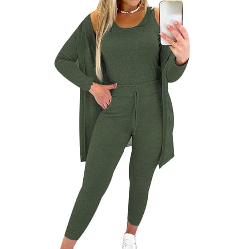 3 Piece Sets for Women Fall Fashion 2025 Outfits Tank Top Long Sleeve Cardigan and Pants Sets Loungewear Army Green