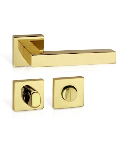 Gedotec Maniglia a leva per porta in ottone lucido | 1 set | Set di rosette su rosette quadrate | KARAT | WC - bagno | maniglia per porte interne | set di maniglie a leva con materiale di fissaggio |