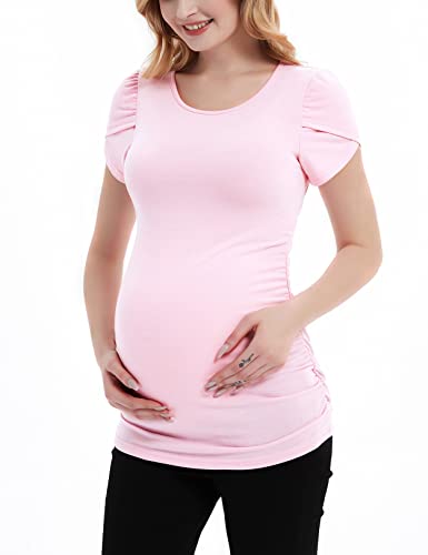Debelly Maternity Casual Shirt Short Sleeve Crew Neck Pregnancy Tops Ruched Side Blouse Cute Mama Tee,Pink,M #TOP3