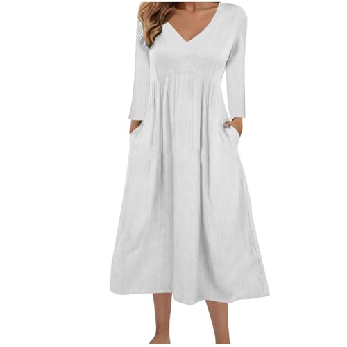 Vestidos femininos slim túnica verão outono manga curta gola V linho midi simples vestidos femininos
