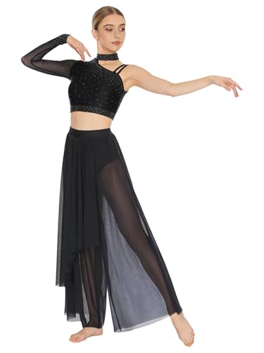 Hularka Women's Lyrical Dance Outfits Shiny Crop Top with Wide Leg Pants for Stage Performance Black X-Large