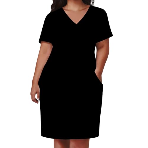 Image of Women Casual T-Shirt Dress V Neck Short Sleeve Solid Color Oversize Dress with Front Two Pockets