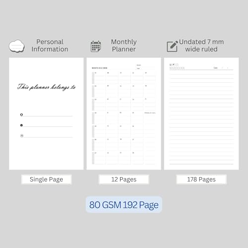 Image of A5 Notebook Diary Journal Planner - 180 GSM Thick Paper, 192 Ruled Pages with 12-Month Planner | Hardcover with Elastic Closure & Silk Bookmark | Classic Black for Office, School & Personal Use