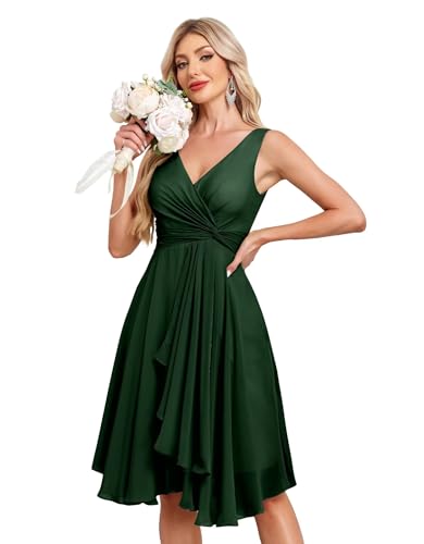 Image of Women's V Neck Short Bridesmaid Dresses 2025 Ruched Waist A Line Chiffon Formal Cocktail Party Dress