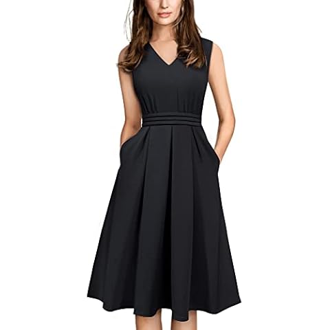 HOMEYEE Women's Vintage 50s Cap Sleeve Cocktail Retro with Pocket Flared Dress A196 (M, Black) Cover