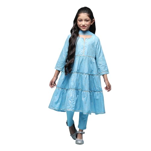 Image of BIBA Girls Biba Girls Sky Blue Cotton Tiered Printed 2 Piece Set
