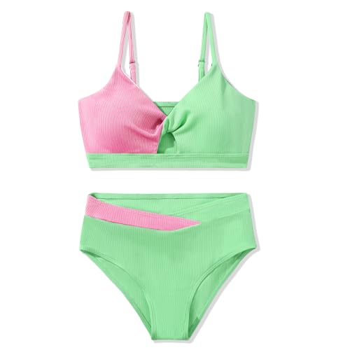 Image of Girls Swimsuit Color Block Twist Bathing Bikini Suit Adjustable Straps Girls 2 Piece Swimsuit 7-14 Years