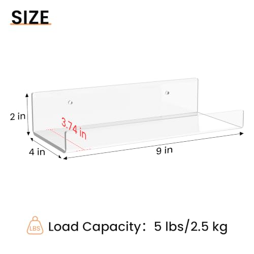 Image of upsimples 9 inch Acrylic Shelves, Small Shelf for Wall Decor and Display, 4 Pcs | Small Floating Shelf for Plants, Speaker, Toys, Invisible Wall Display for Bathroom, Bedroom, Living Room, Room Decor