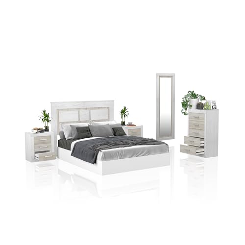 duehome | Conjunto de Dormitorio Kira 5c con Cabecero, 2 Mesitas de Noche, Sinfonier y Espejo, Acabado en Andersen Pino y Gris