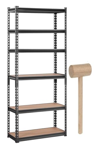 Image of Adjustable 6-Shelf Metal Storage Rack | Heavy-Duty Steel Boltless Rivet Utility Shelving Unit for Garage, Kitchen & Office | 62 Inches Height (62 x 24 x 12 in) - Black