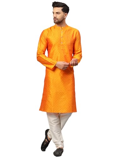 Image of LATEST CHIKAN Men's Silk Chikankari Kurta with Cream Churidar | Festive Set - KP Silk BANARSI