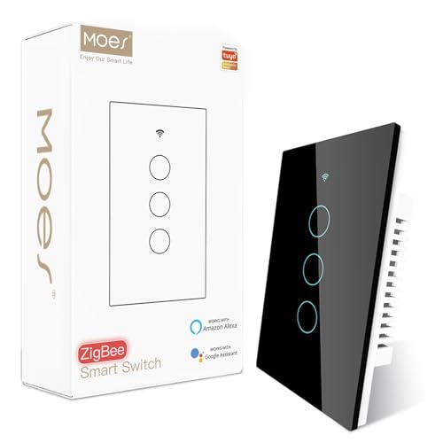 MOES Zigbee Smart Switches 3 Gang, Require MOES Zigbee Hub and Neutral Wire, Inteligente Single Pole Light Switch, Work as Relay, Support Tuya Smart Life, Black Black Zigbee 3 Gang